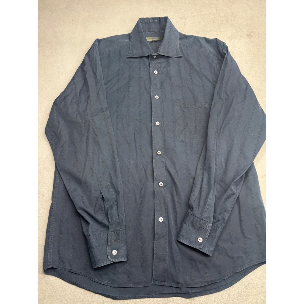Ermenegildo Zegna Mens Navy Blue Embroidered Zigzag Shirt Long Sleeve Large